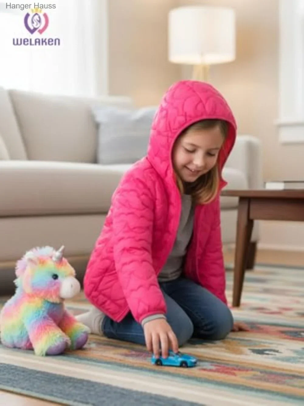 Kids Heart Quilted Puffer Jacket Zip Up Hooded Coat with Kangaroo Pocket